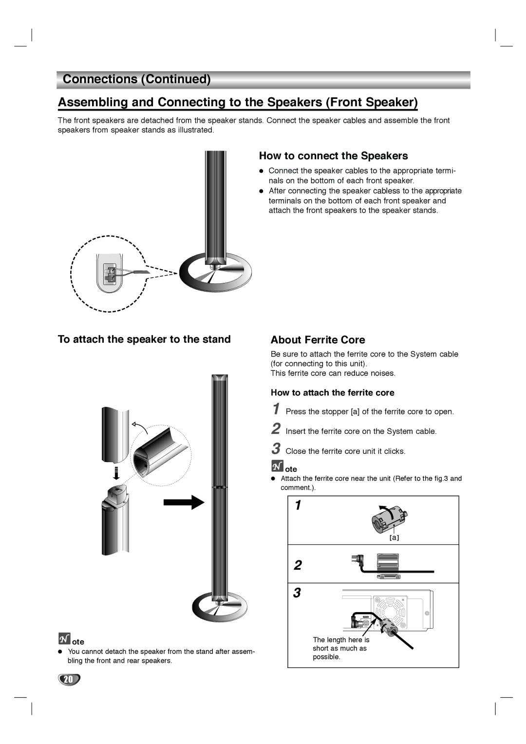 LG Electronics LHY-518 owner manual How to connect the Speakers, To attach the speaker to the stand About Ferrite Core 