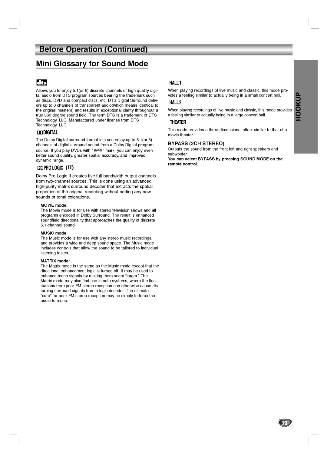 LG Electronics LHY-518 owner manual Before Operation Mini Glossary for Sound Mode, Bypass 2CH Stereo 