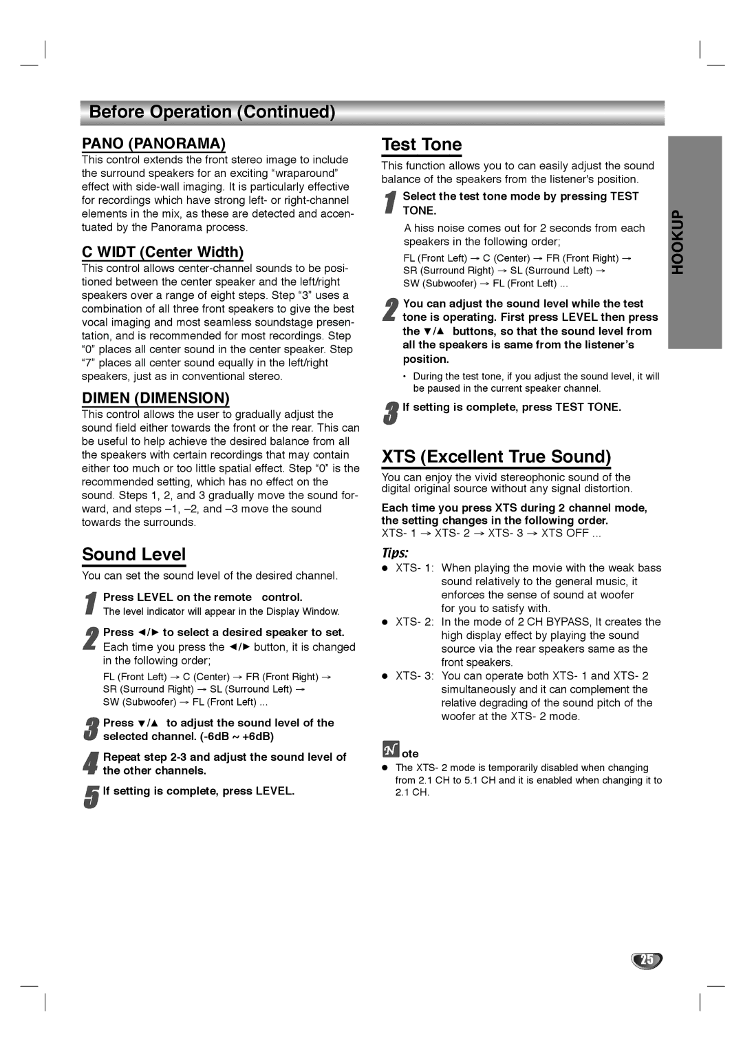 LG Electronics LHY-518 owner manual Before Operation, Sound Level, Test Tone, XTS Excellent True Sound, Widt Center Width 