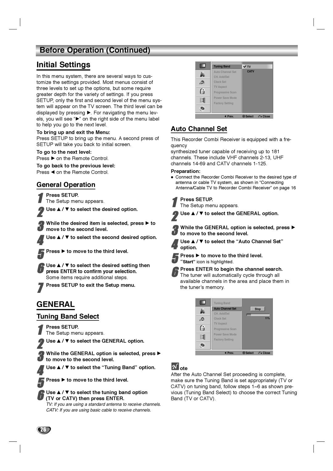 LG Electronics LHY-518 Before Operation Initial Settings, General Operation, Tuning Band Select, Auto Channel Set 