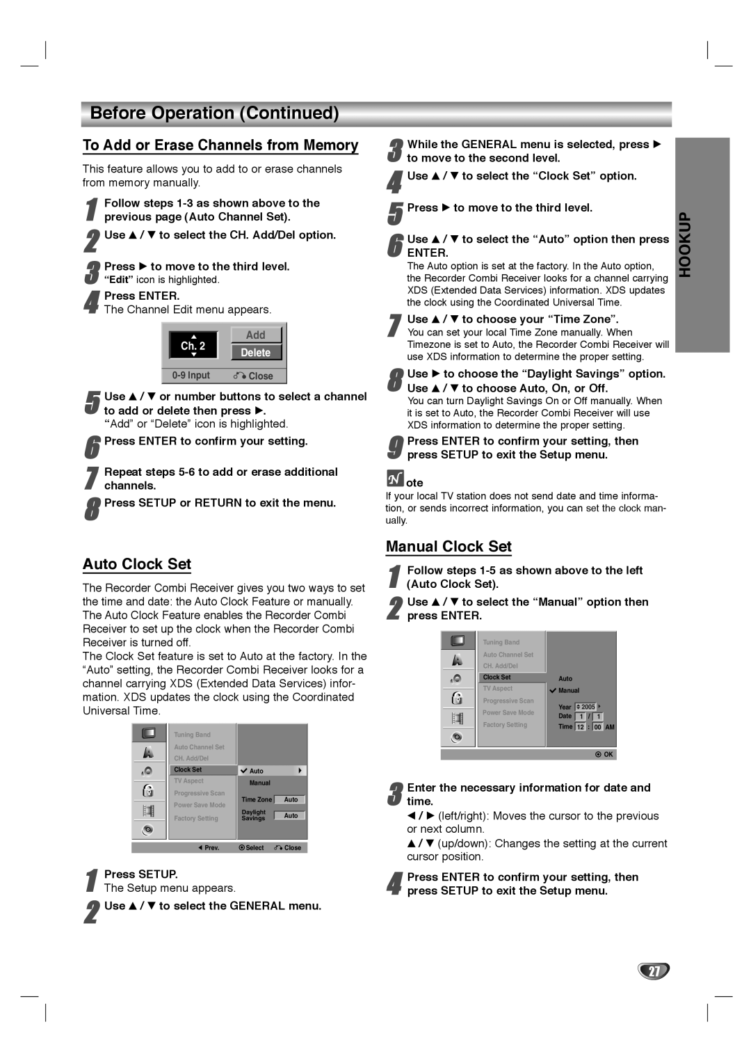 LG Electronics LHY-518 owner manual To Add or Erase Channels from Memory, Auto Clock Set, Manual Clock Set, Enter 