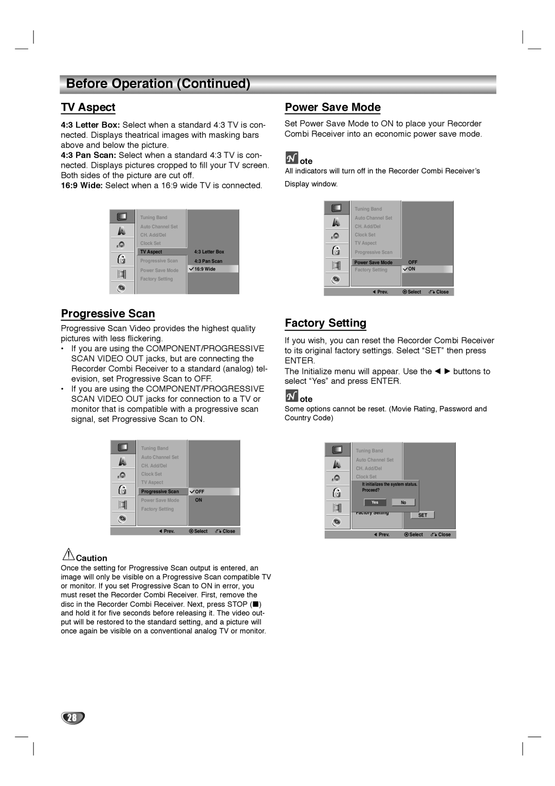 LG Electronics LHY-518 owner manual TV Aspect, Power Save Mode, Progressive Scan, Factory Setting 