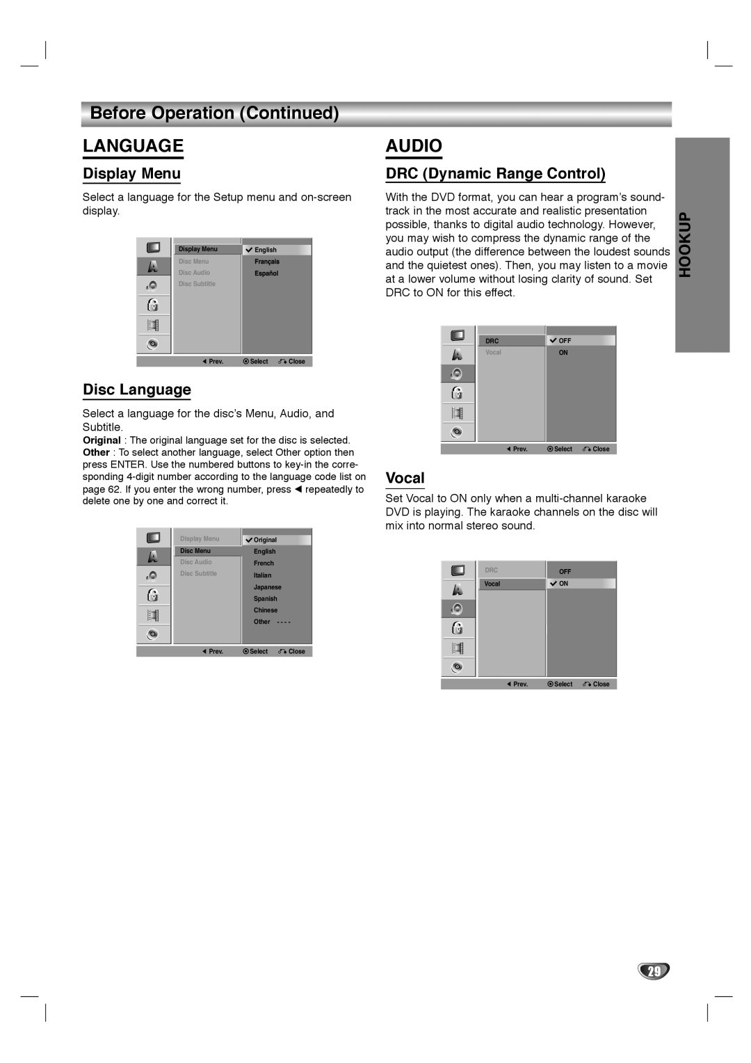 LG Electronics LHY-518 owner manual Display Menu, DRC Dynamic Range Control, Disc Language, Vocal 