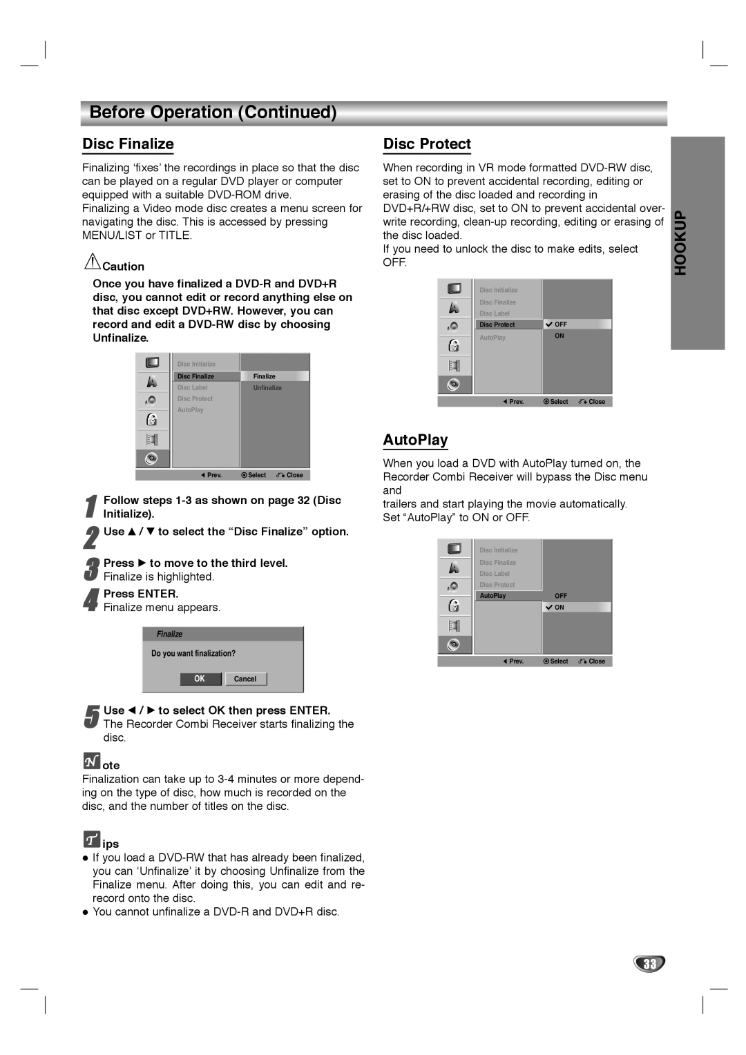 LG Electronics LHY-518 owner manual Disc Finalize, Disc Protect, AutoPlay, Follow steps 1-3 as shown on page 32 Disc 