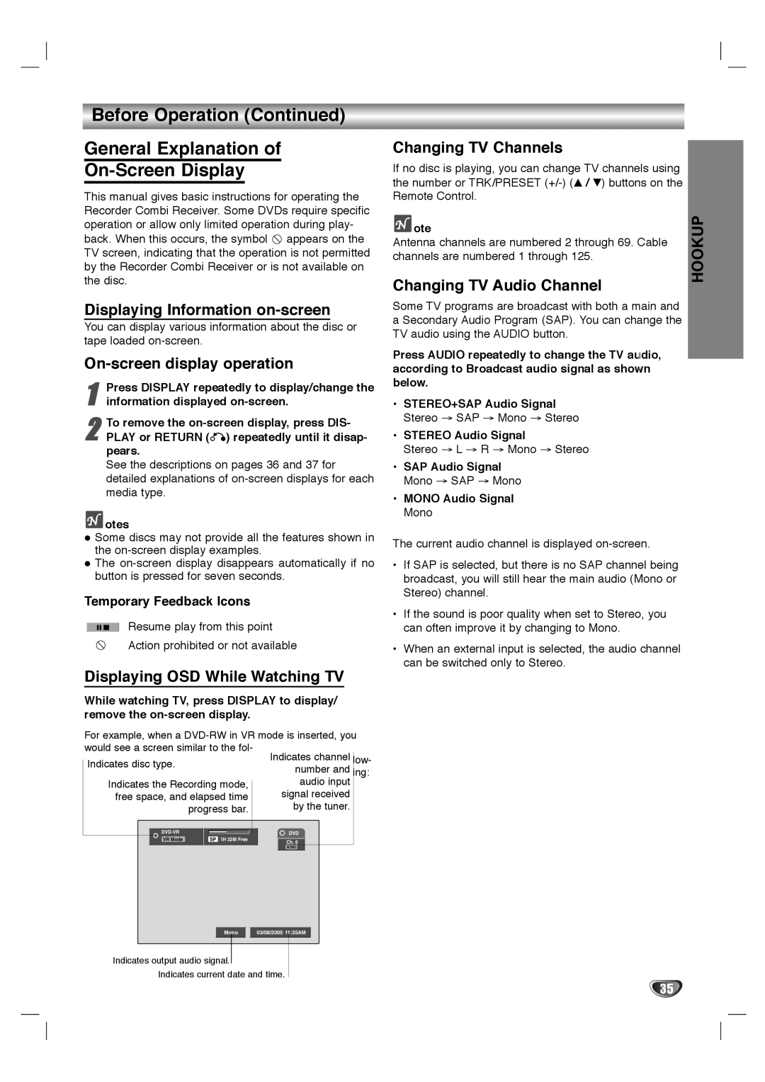 LG Electronics LHY-518 owner manual Before Operation General Explanation On-Screen Display 