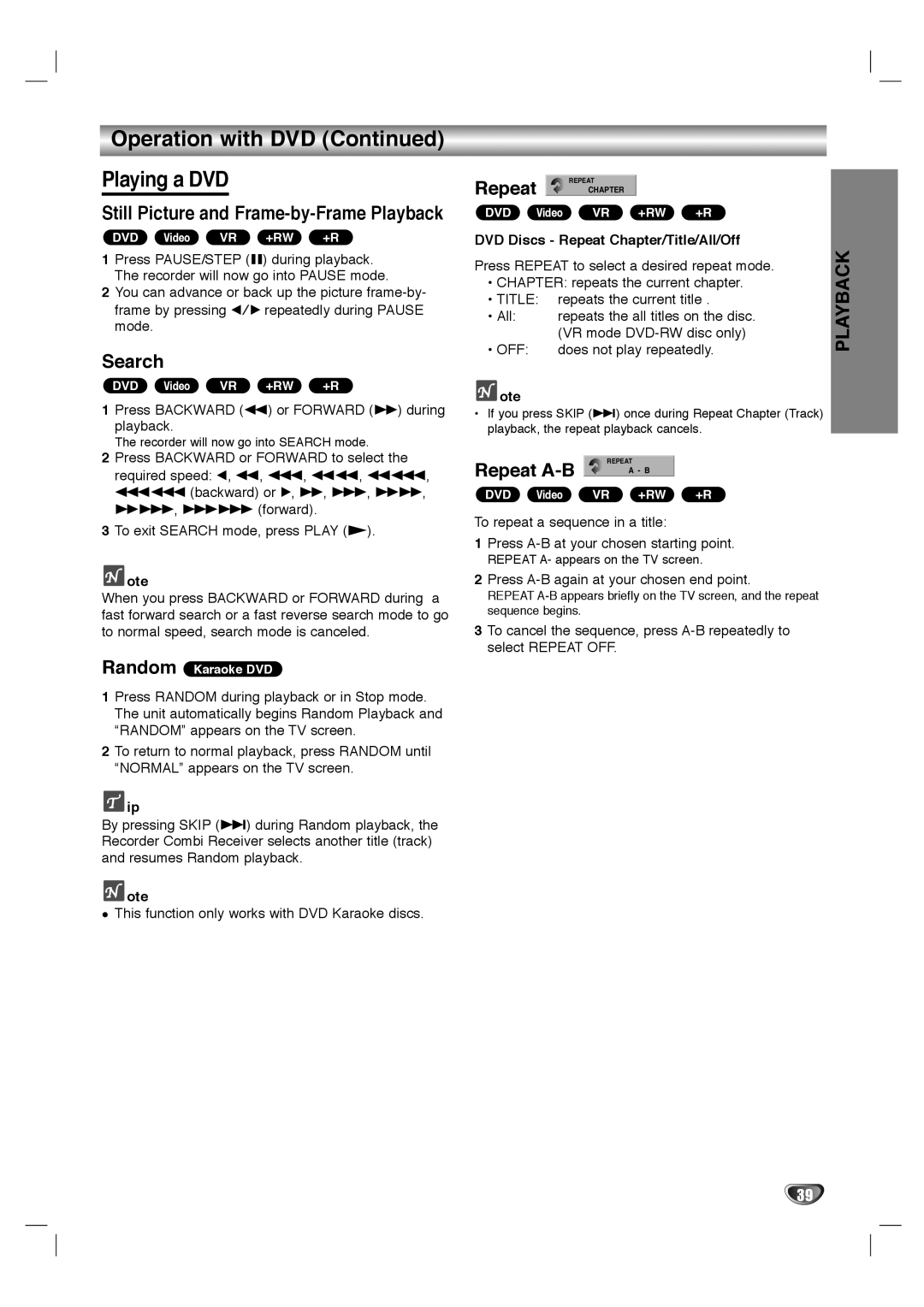 LG Electronics LHY-518 owner manual Search, Repeat A-B, DVD Discs Repeat Chapter/Title/All/Off 