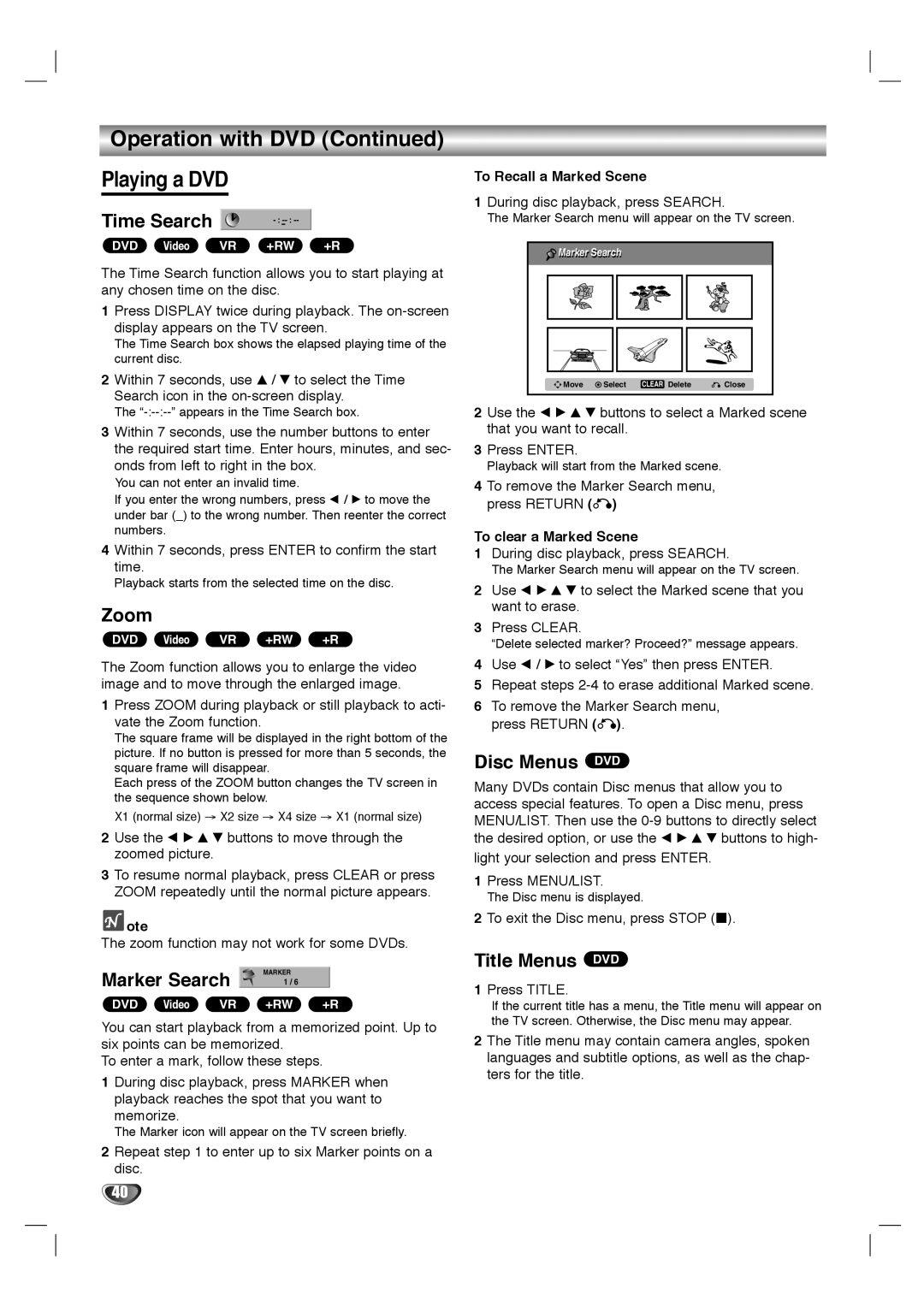 LG Electronics LHY-518 owner manual Time Search, Zoom, Marker Search, Disc Menus DVD, Title Menus DVD 