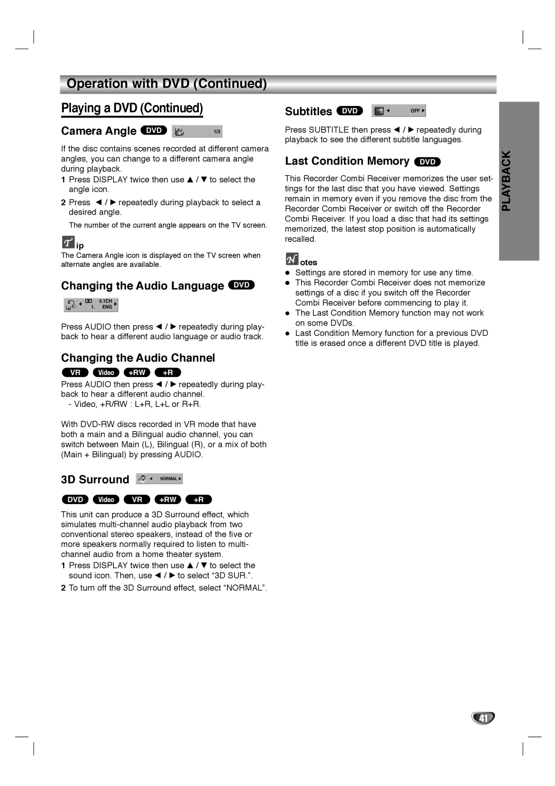 LG Electronics LHY-518 Camera Angle DVD, Changing the Audio Language DVD, Changing the Audio Channel, 3D Surround Normal 