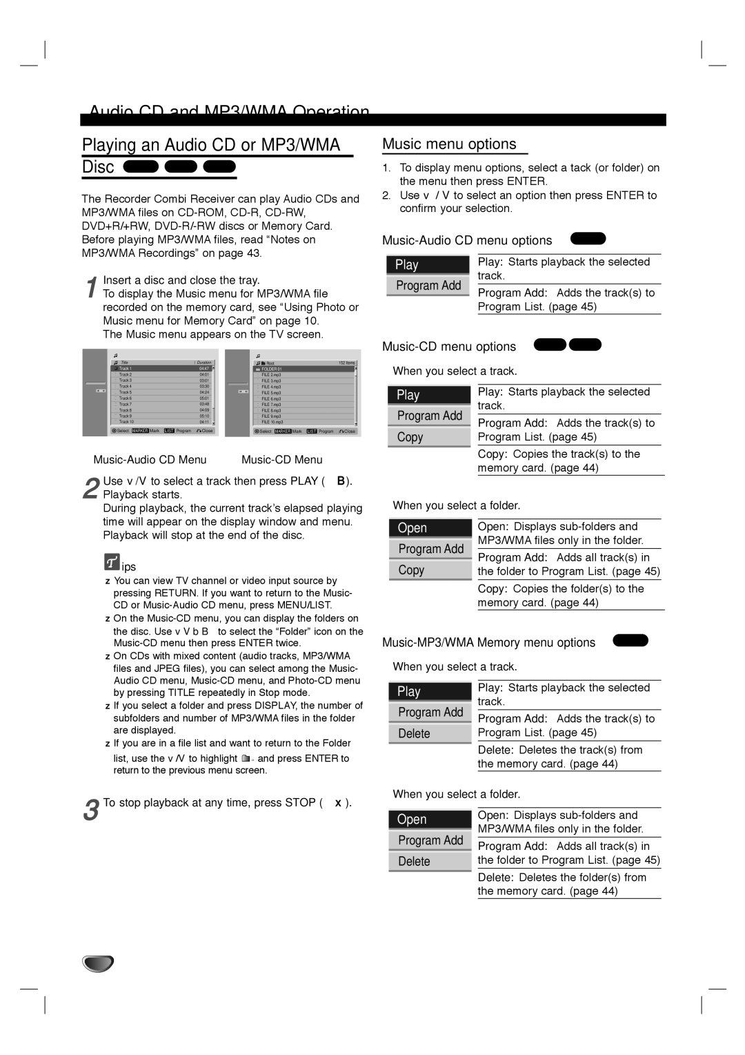 LG Electronics LHY-518 owner manual Audio CD and MP3/WMA Operation, Music menu options 