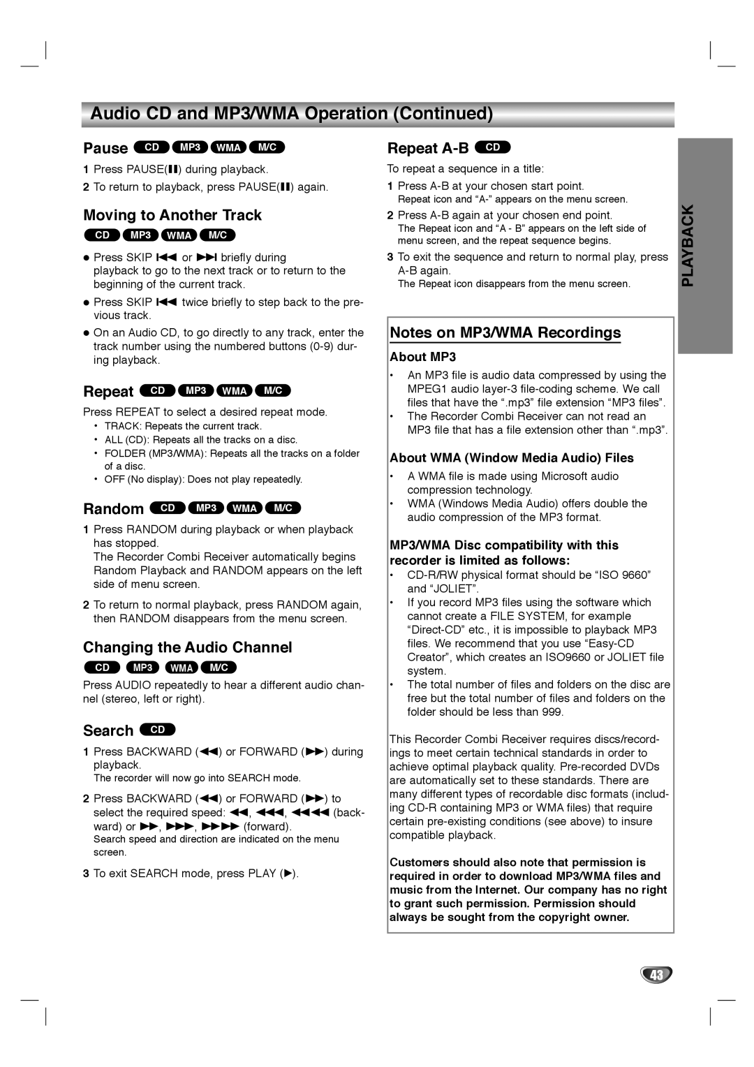 LG Electronics LHY-518 Moving to Another Track, Search CD, Repeat A-B CD, About MP3, About WMA Window Media Audio Files 