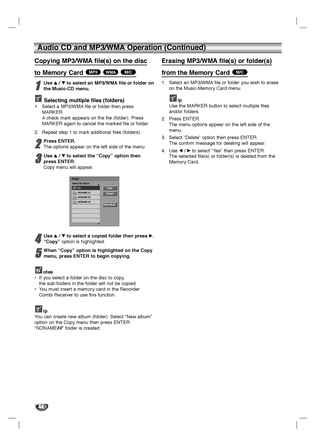 LG Electronics LHY-518 Erasing MP3/WMA files or folders From the Memory Card M/C, Selecting multiple files folders 