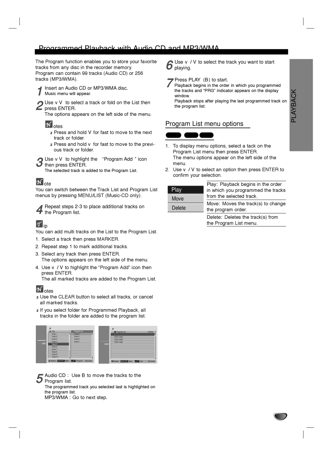 LG Electronics LHY-518 owner manual Programmed Playback with Audio CD and MP3/WMA, Program List menu options, Move 