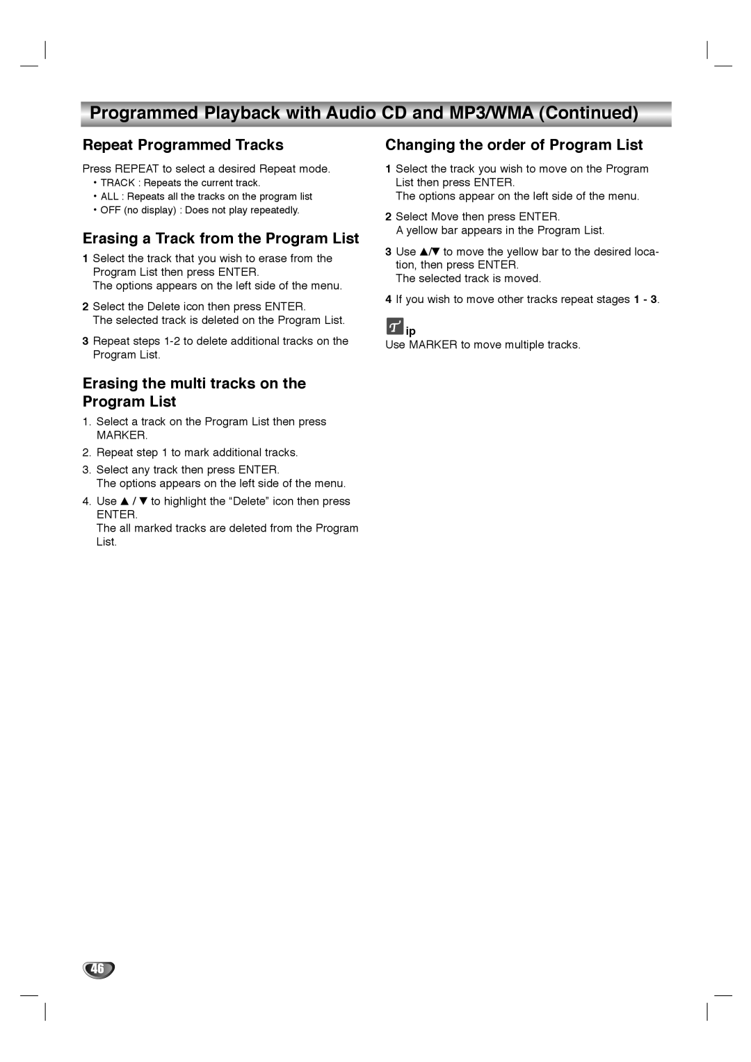 LG Electronics LHY-518 Repeat Programmed Tracks, Erasing a Track from the Program List, Changing the order of Program List 