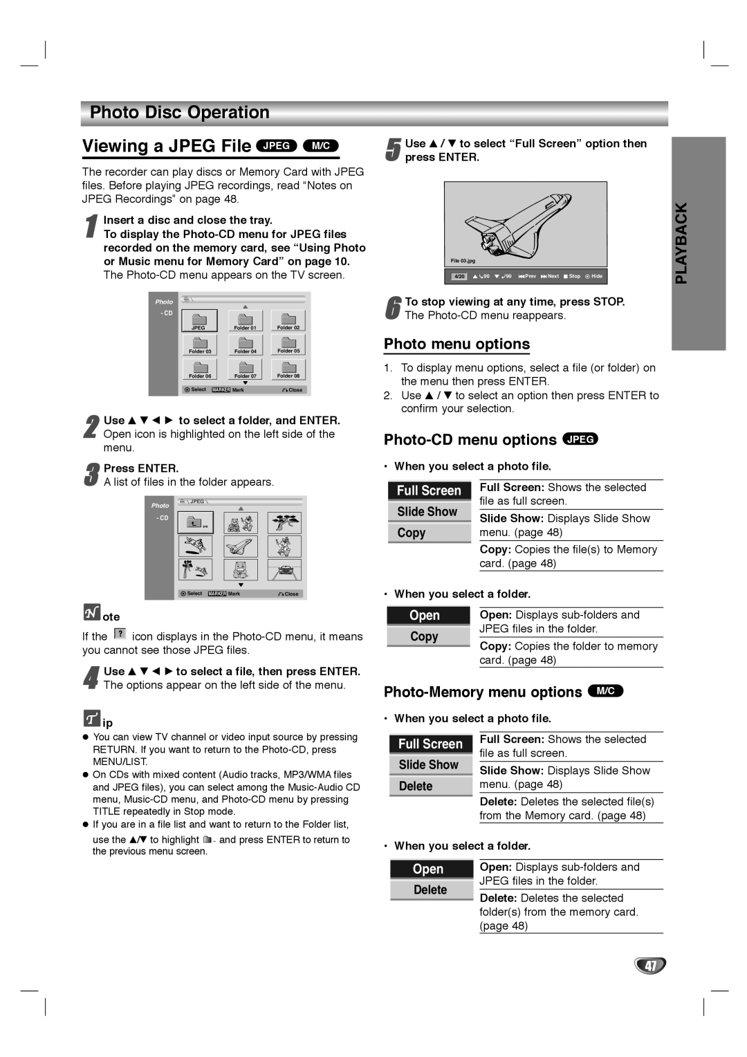 LG Electronics LHY-518 Photo Disc Operation Viewing a Jpeg File Jpeg M/C, Photo menu options, Photo-CD menu options Jpeg 