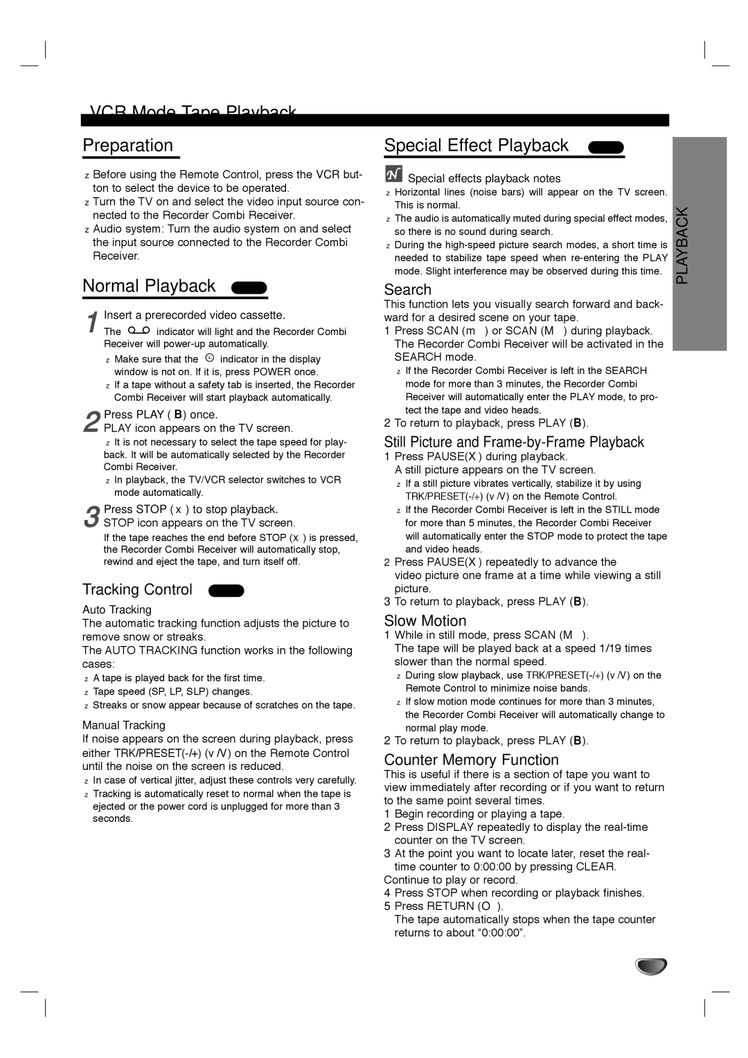 LG Electronics LHY-518 owner manual VCR Mode Tape Playback Preparation, Normal Playback VHS, Special Effect Playback VHS 