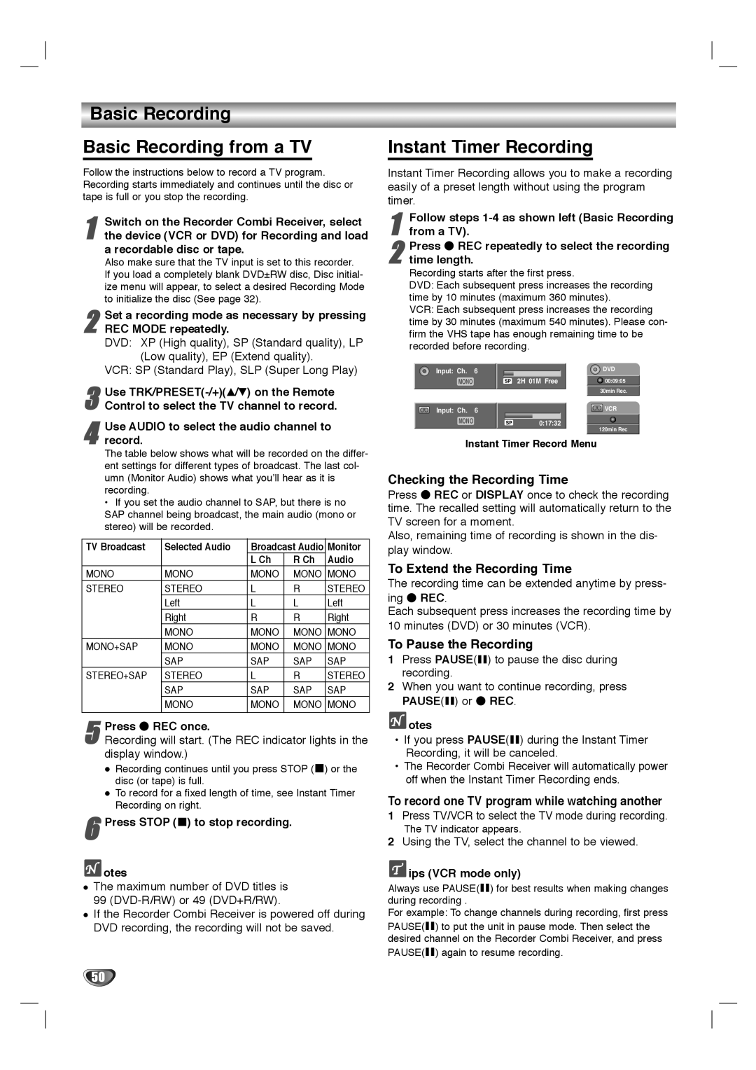 LG Electronics LHY-518 owner manual Basic Recording Basic Recording from a TV, Instant Timer Recording 