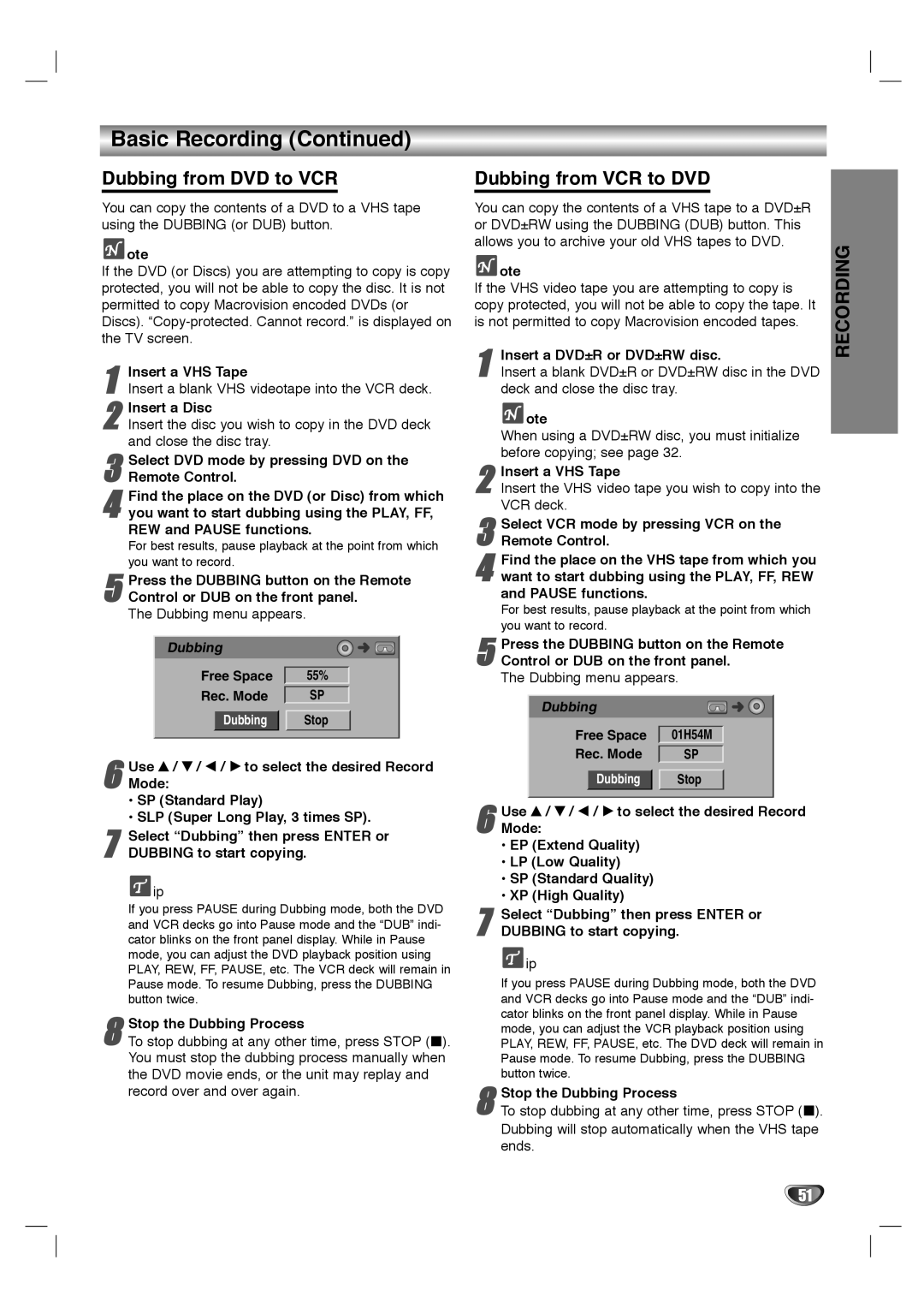 LG Electronics LHY-518 owner manual Basic Recording, Dubbing from DVD to VCR, Dubbing from VCR to DVD 