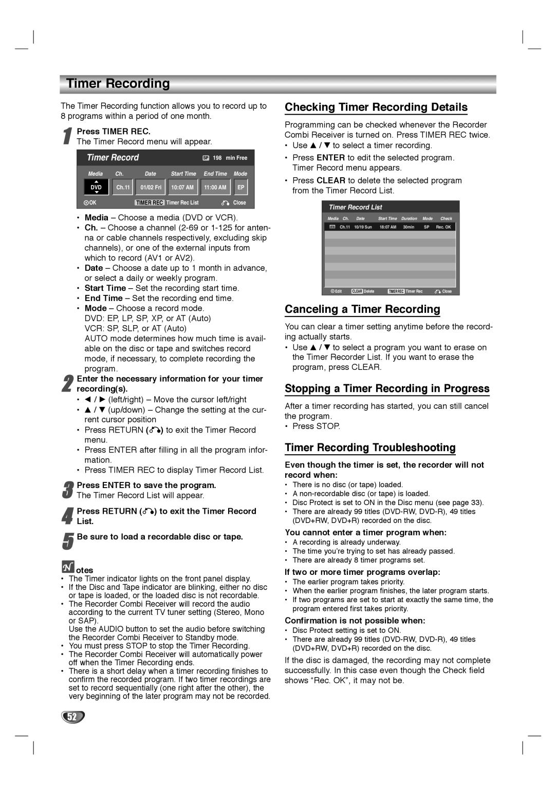 LG Electronics LHY-518 Checking Timer Recording Details, Canceling a Timer Recording, Timer Recording Troubleshooting 