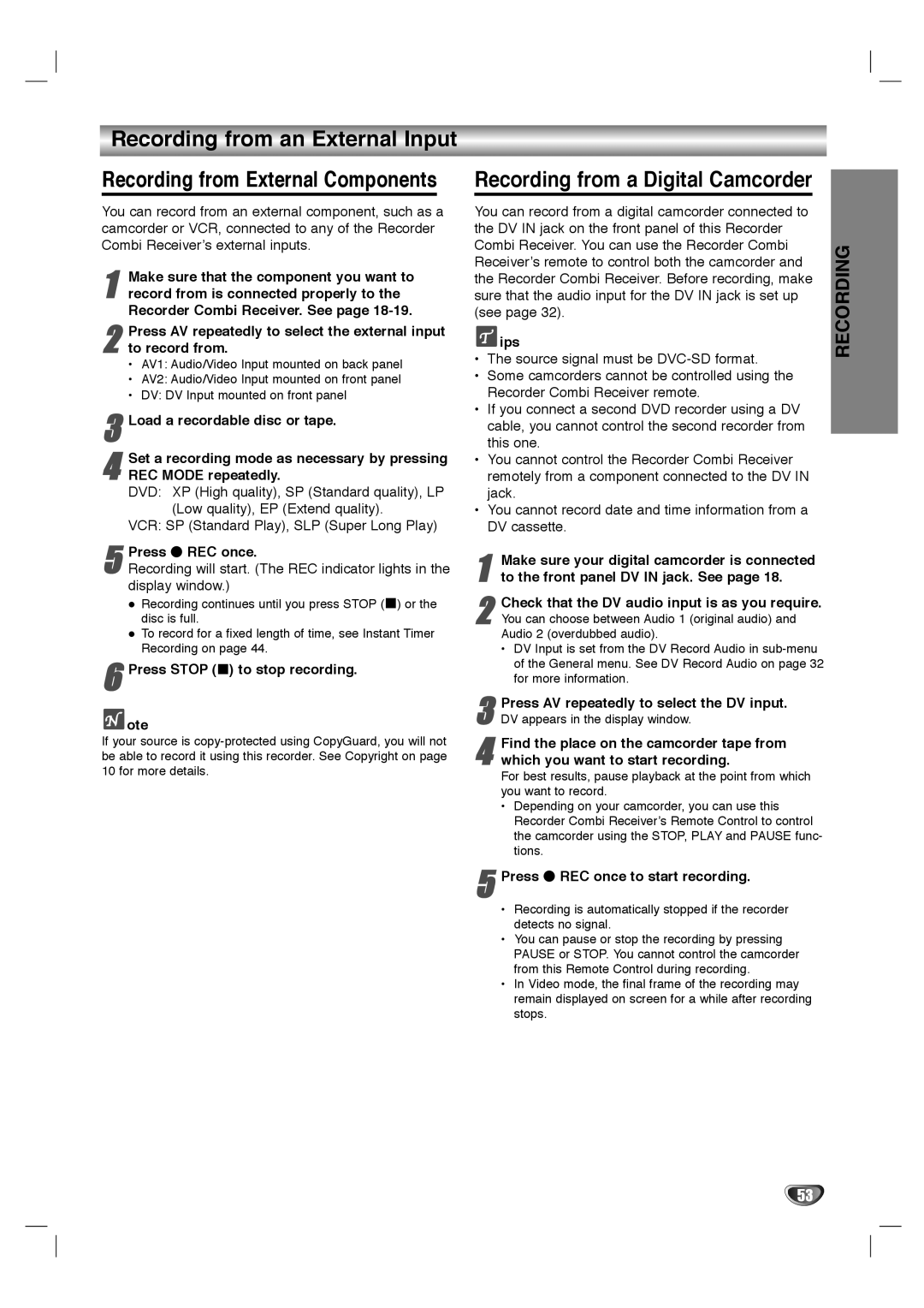 LG Electronics LHY-518 owner manual Recording from an External Input 