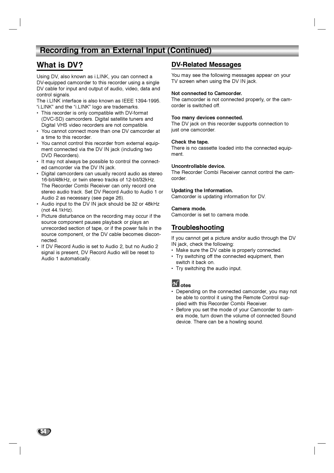 LG Electronics LHY-518 owner manual Recording from an External Input What is DV?, DV-Related Messages, Troubleshooting 