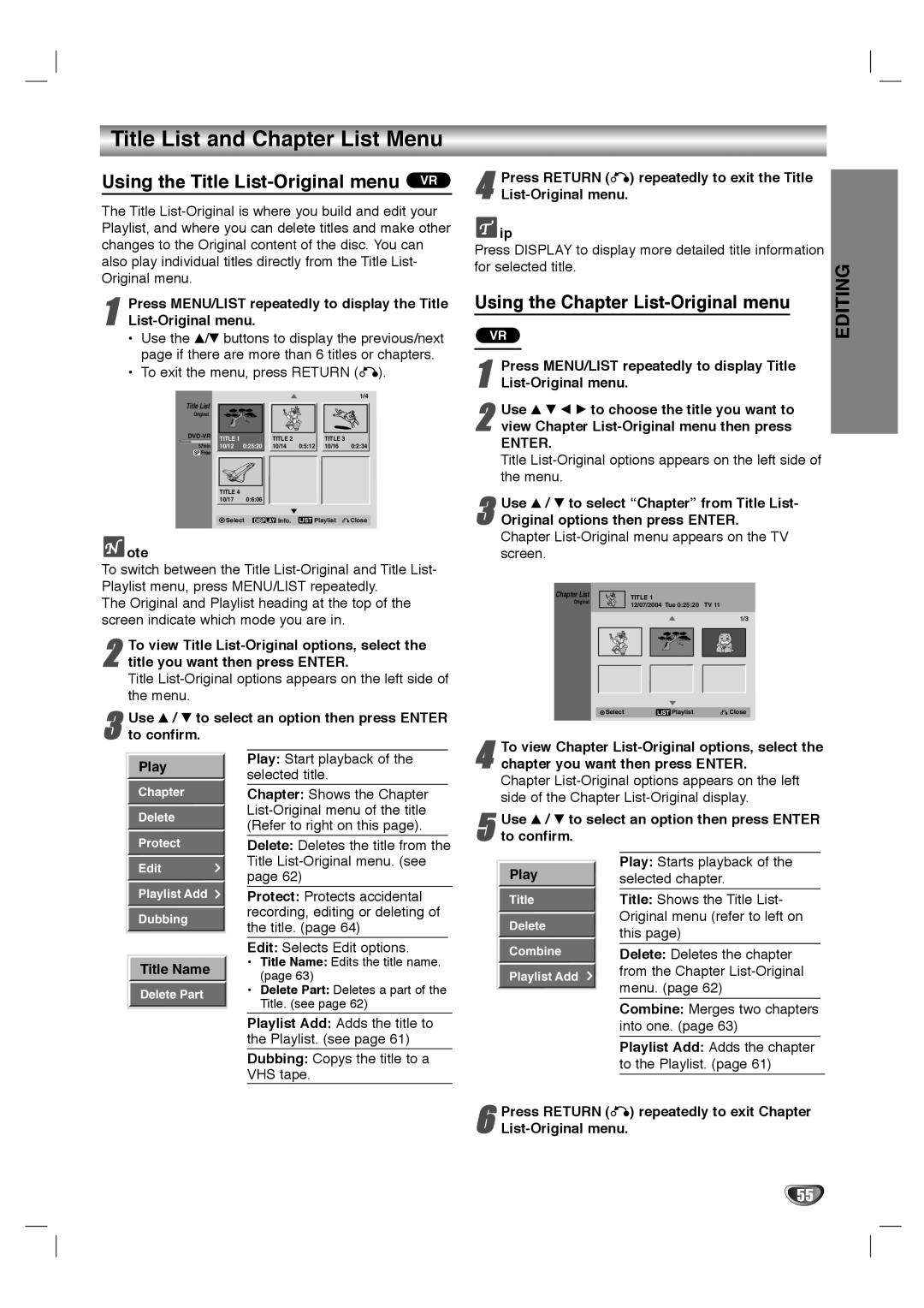 LG Electronics LHY-518 owner manual Title List and Chapter List Menu, Using the Title List-Original menu VR 