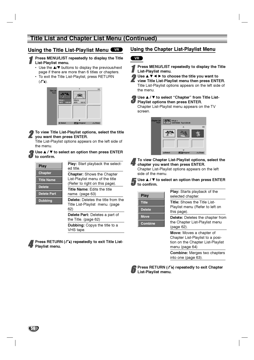 LG Electronics LHY-518 owner manual Using the Title List-Playlist Menu VR, Using the Chapter List-Playlist Menu 