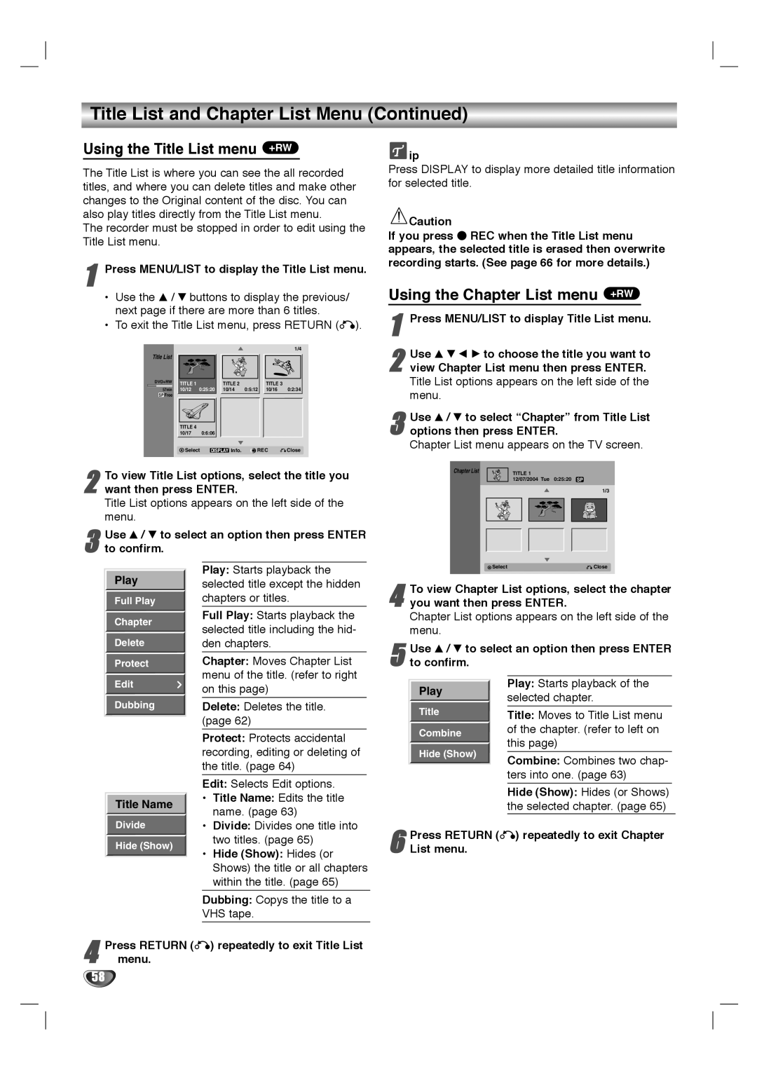 LG Electronics LHY-518 owner manual Using the Title List menu +RW, Using the Chapter List menu +RW 