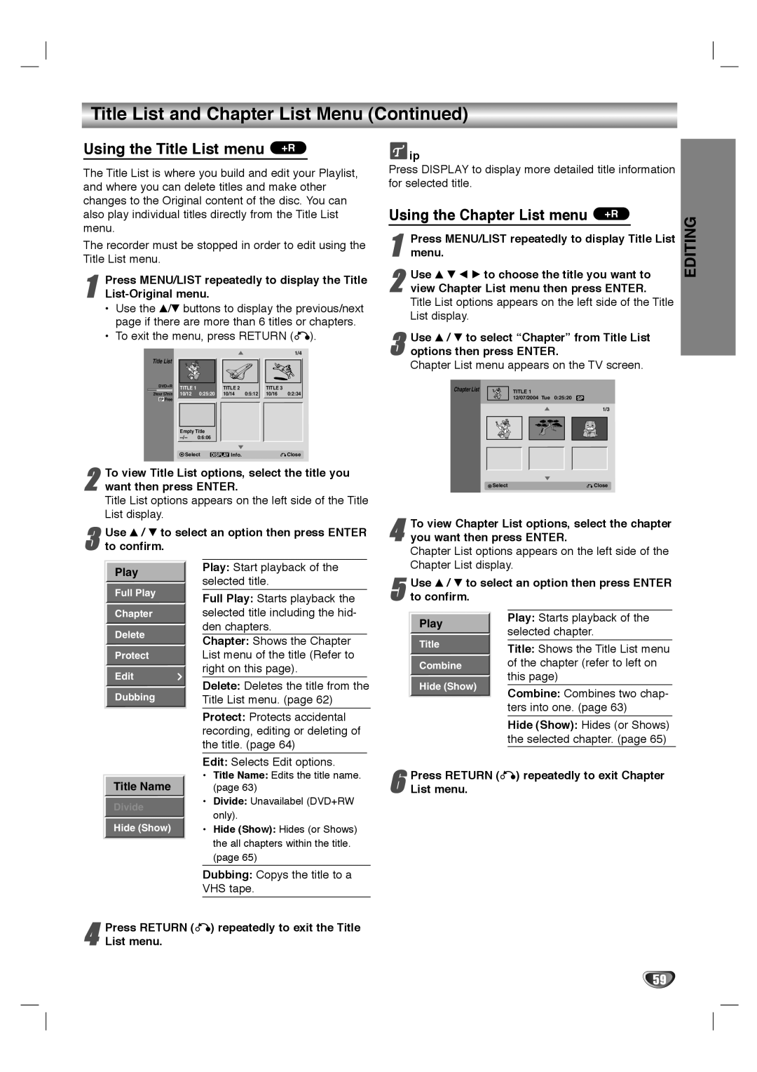 LG Electronics LHY-518 owner manual Using the Title List menu +R, Using the Chapter List menu +R, Editing 