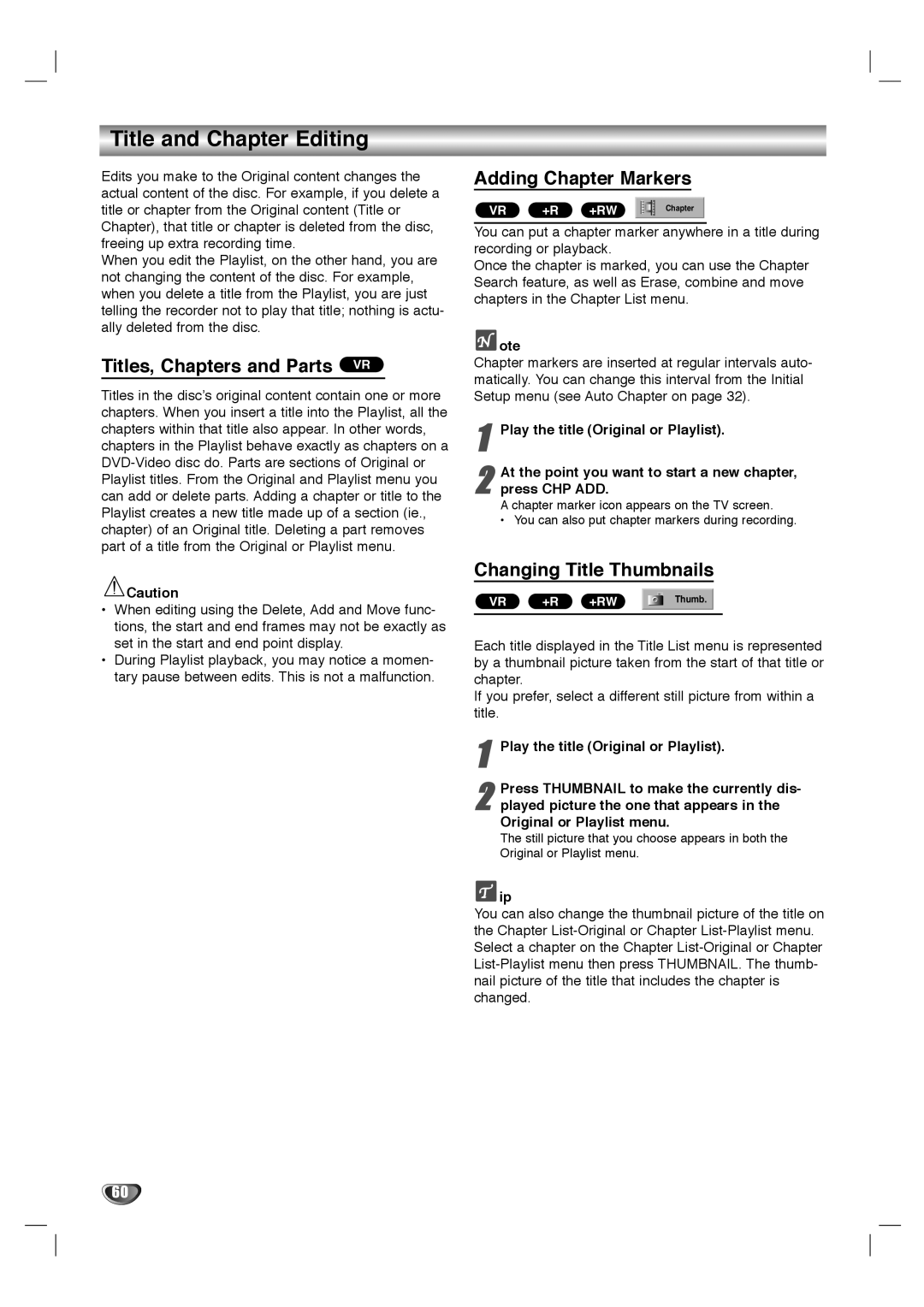 LG Electronics LHY-518 owner manual Title and Chapter Editing, Titles, Chapters and Parts VR, Adding Chapter Markers 