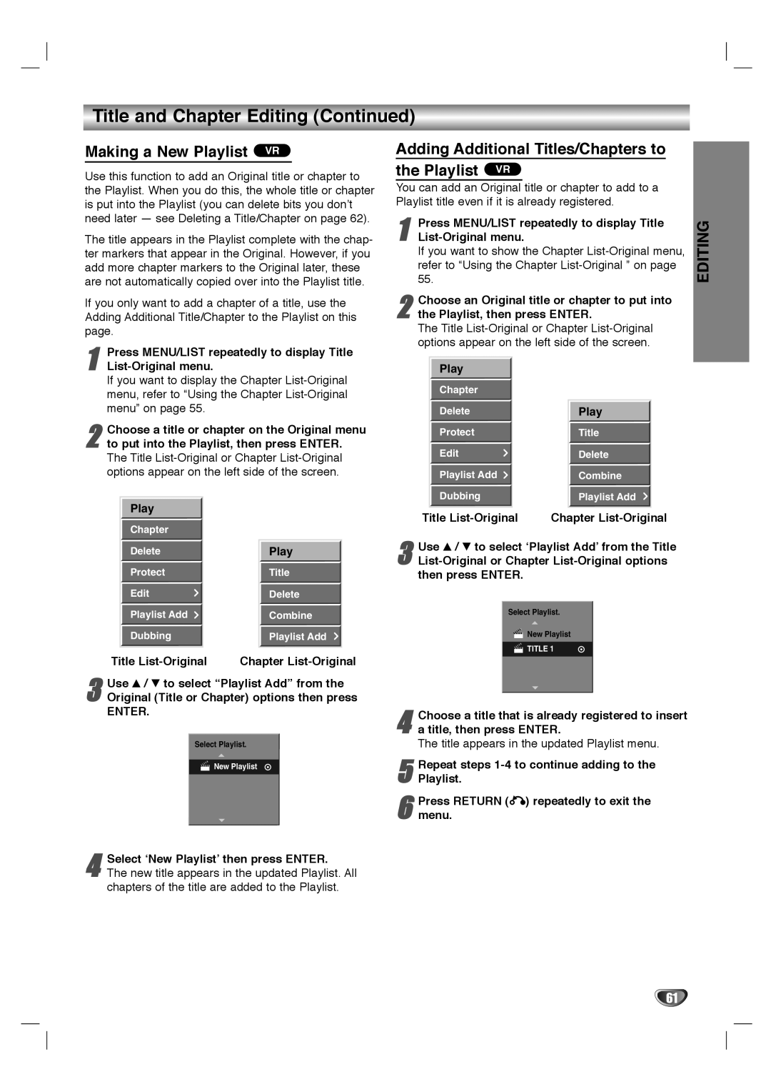 LG Electronics LHY-518 owner manual Making a New Playlist VR, Adding Additional Titles/Chapters to Playlist VR 