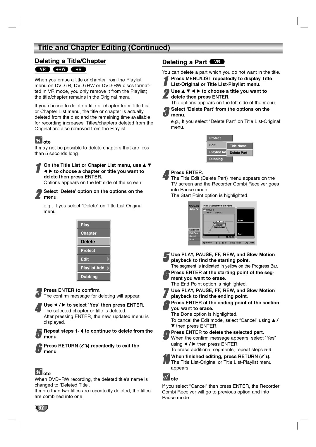 LG Electronics LHY-518 owner manual Deleting a Title/Chapter, Deleting a Part VR, List-Original or Title List-Playlist menu 