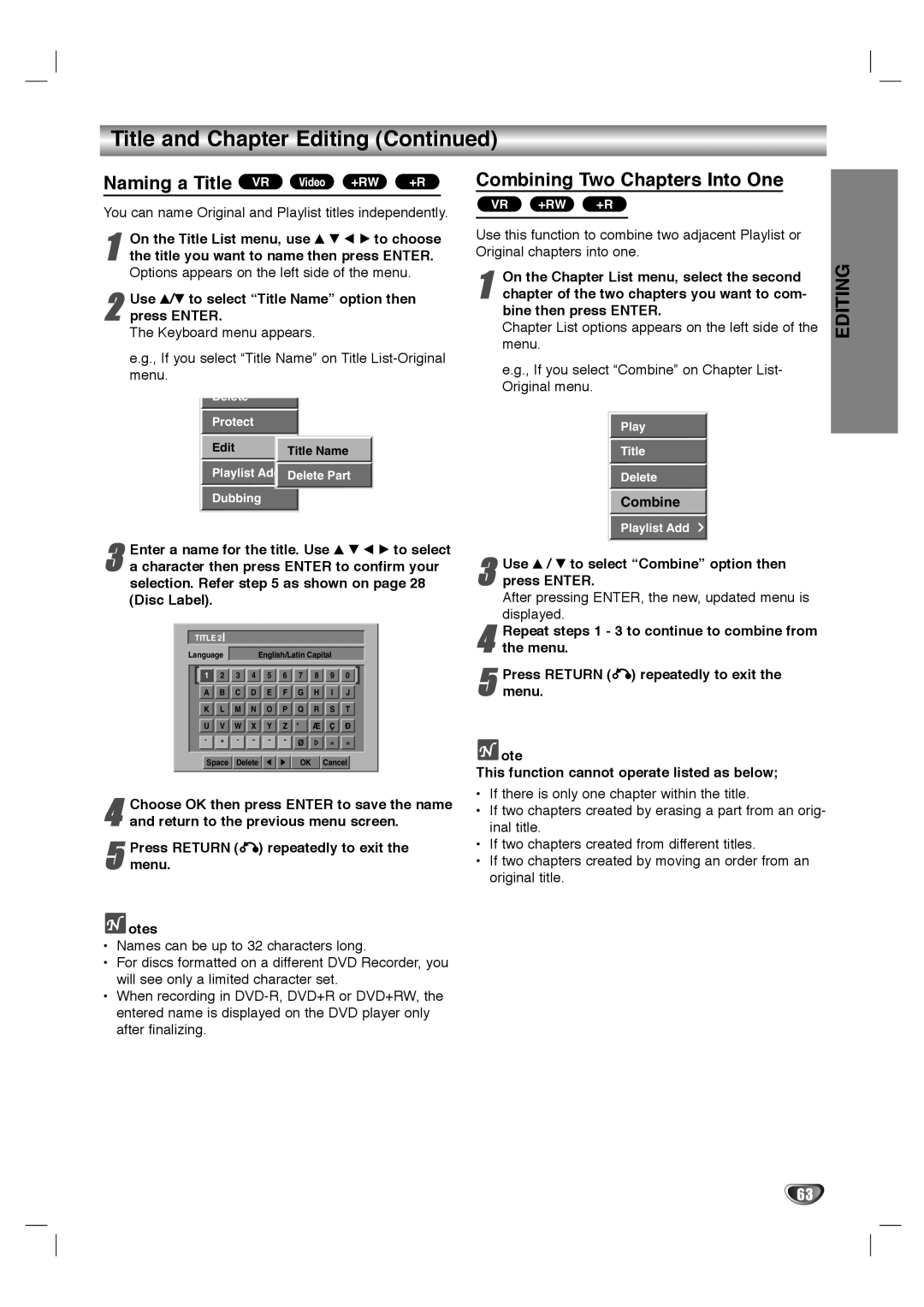 LG Electronics LHY-518 owner manual Naming a Title VR Video +RW +R, Combining Two Chapters Into One 