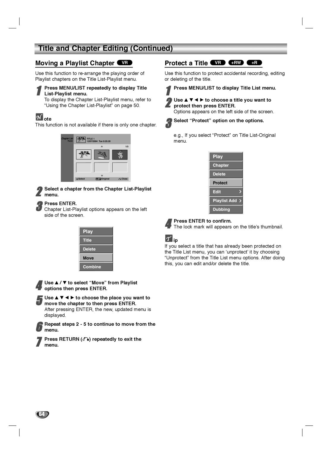 LG Electronics LHY-518 This function is not available if there is only one chapter, Select Protect option on the options 