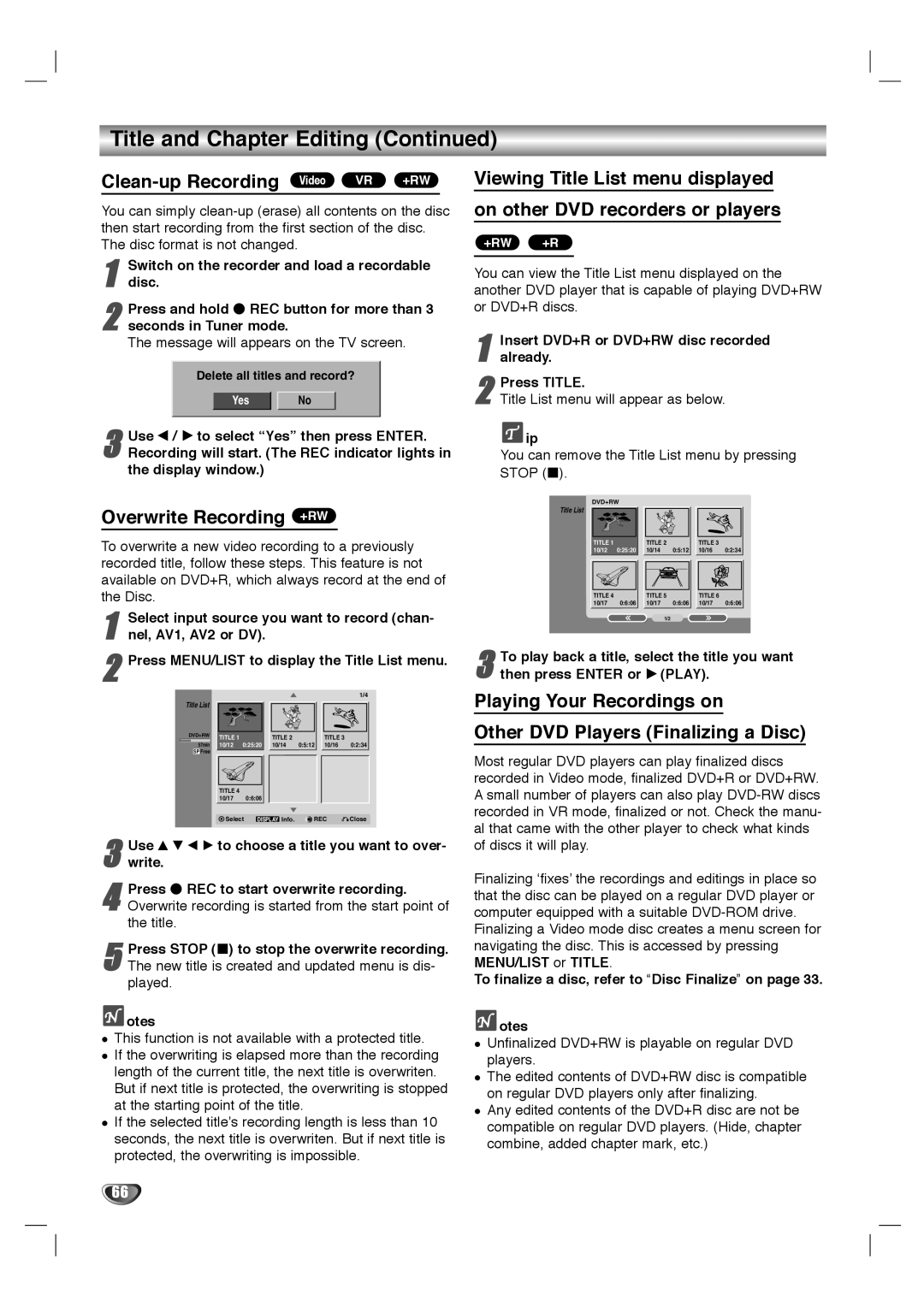 LG Electronics LHY-518 owner manual Clean-up Recording Video VR +RW, Overwrite Recording +RW 