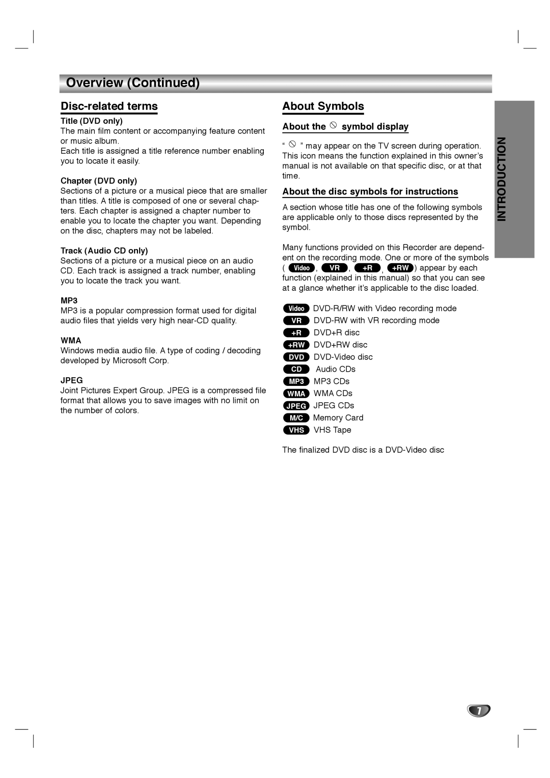 LG Electronics LHY-518 owner manual Disc-related terms, About Symbols, MP3, Wma, Jpeg 