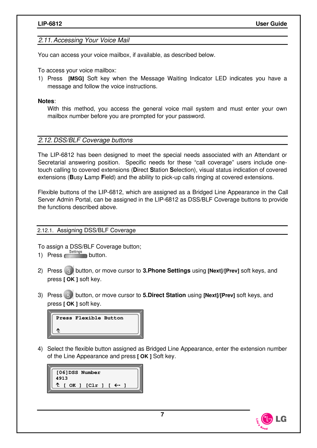 LG Electronics LIP-6812 manual Accessing Your Voice Mail, DSS/BLF Coverage buttons 