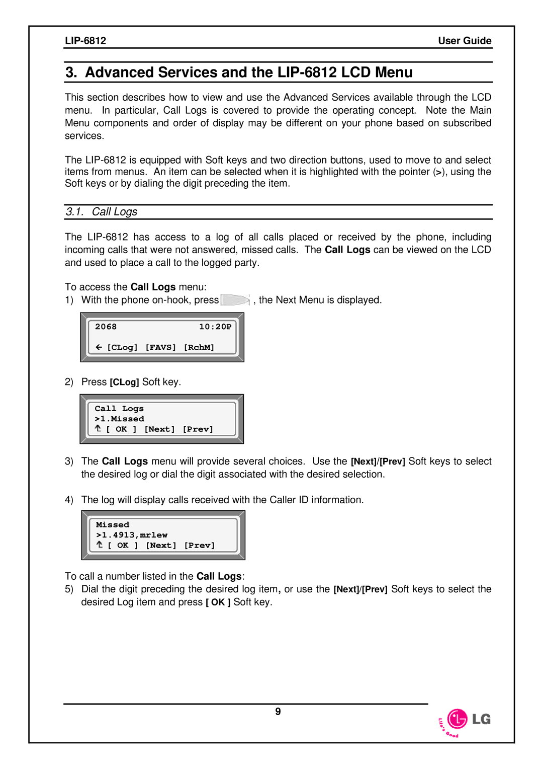 LG Electronics manual Advanced Services and the LIP-6812 LCD Menu, Call Logs 