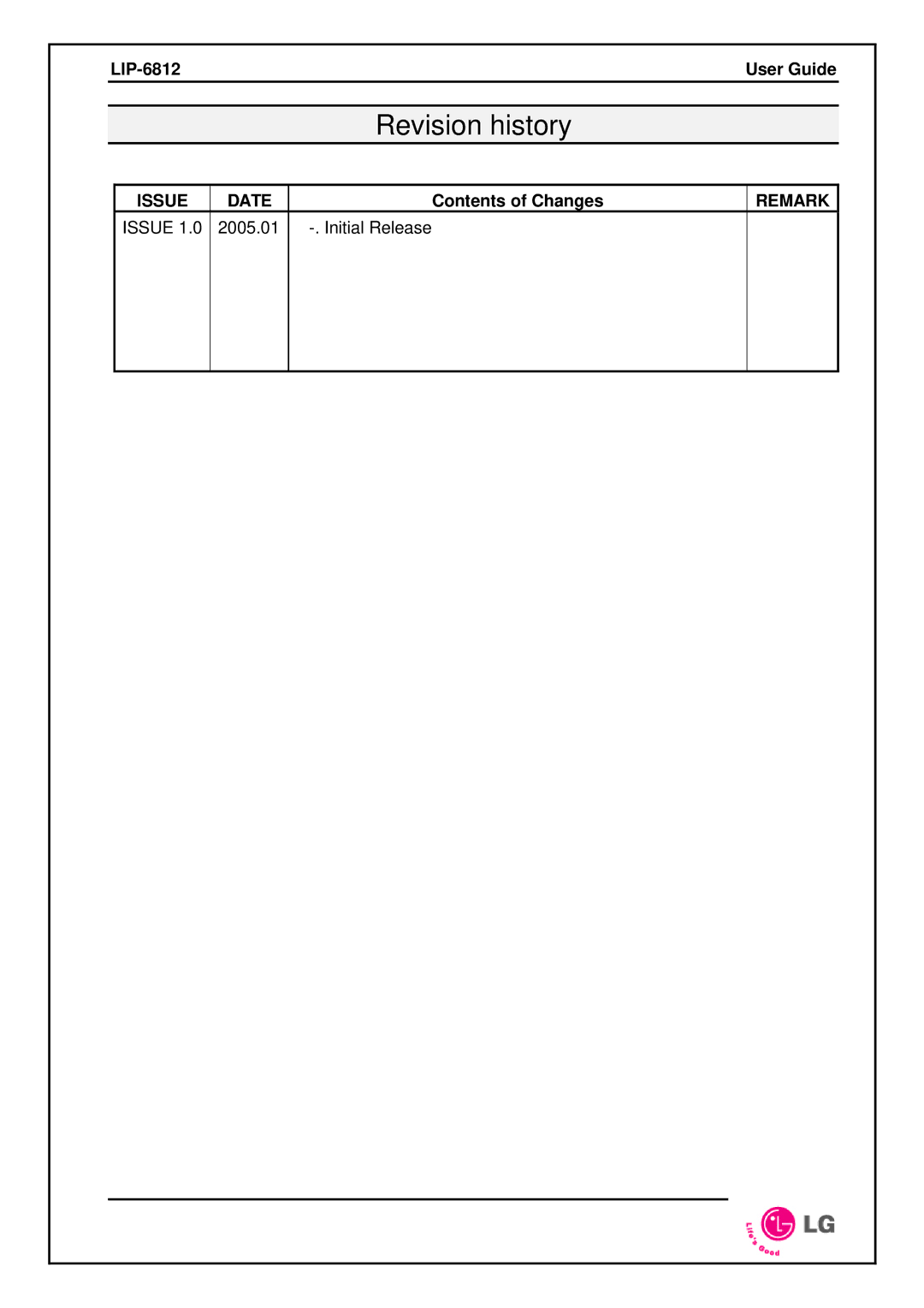 LG Electronics LIP-6812 manual Revision history 