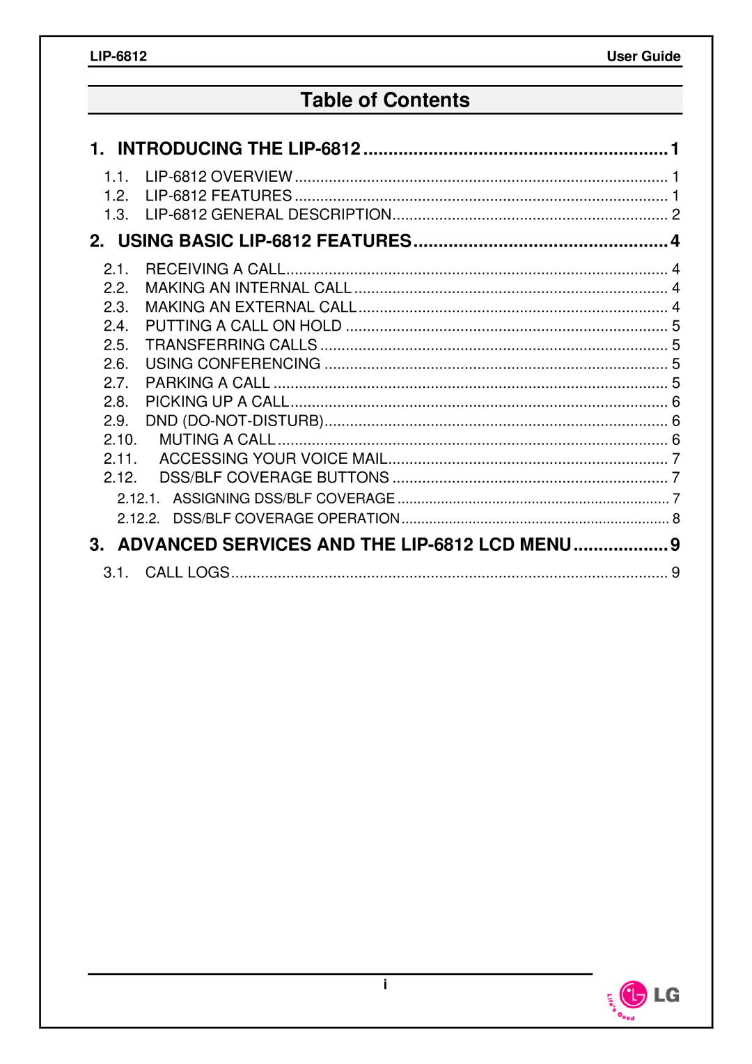 LG Electronics LIP-6812 manual Table of Contents 