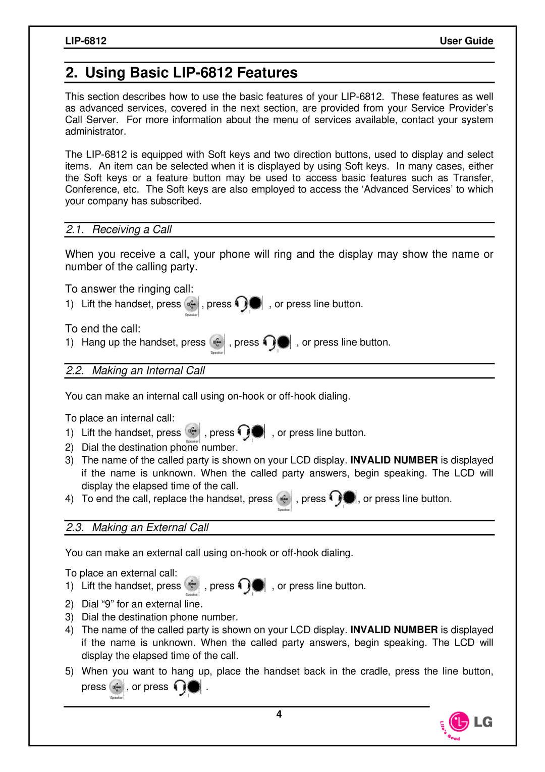 LG Electronics manual Using Basic LIP-6812 Features, Receiving a Call, Making an Internal Call, Making an External Call 