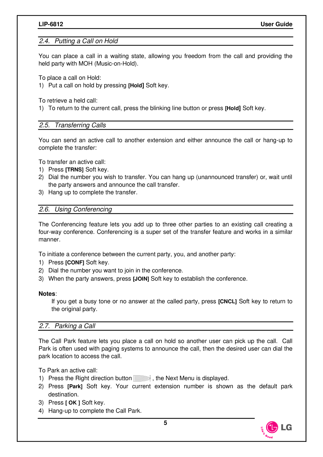 LG Electronics LIP-6812 manual Putting a Call on Hold, Transferring Calls, Using Conferencing, Parking a Call 