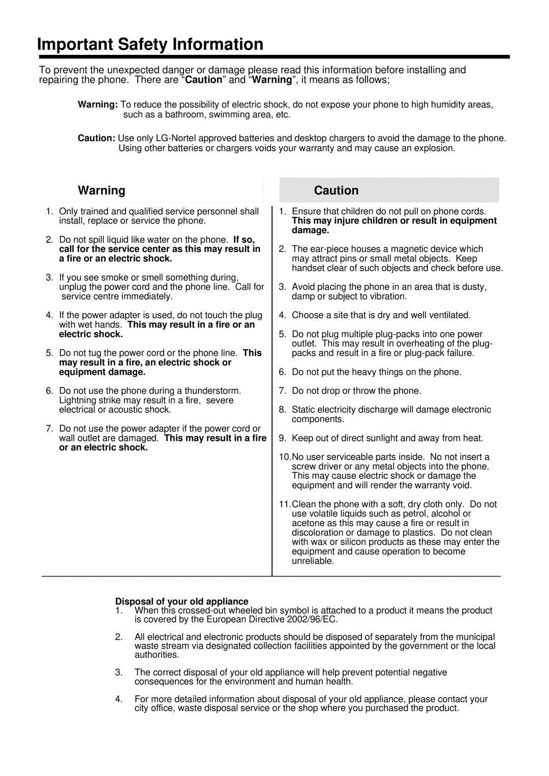 LG Electronics LIP-7004N manual Important Safety Information, This may injure children or result in equipment damage 