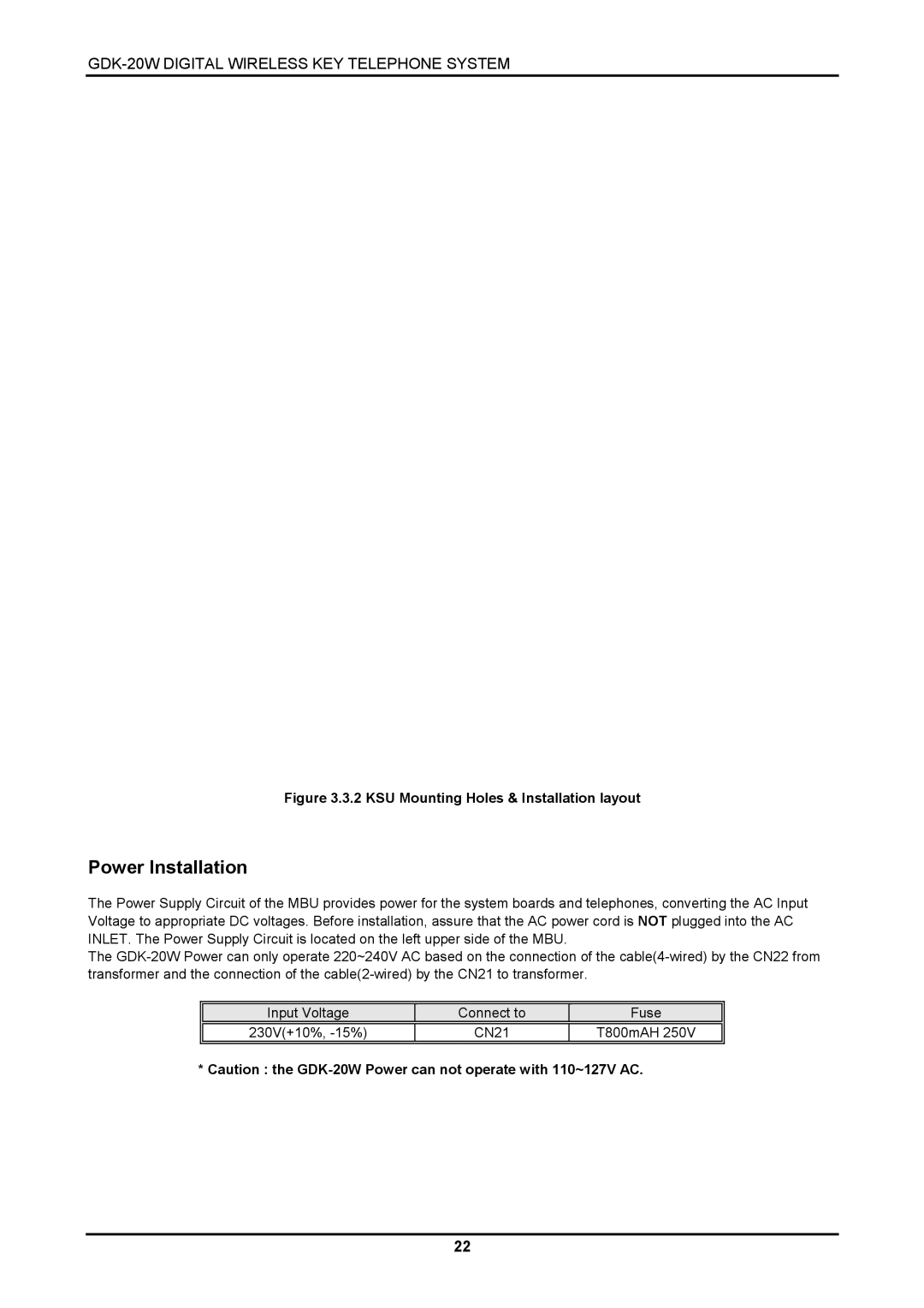 LG Electronics LKD-8DS, GDK-20W installation manual Power Installation, KSU Mounting Holes & Installation layout 