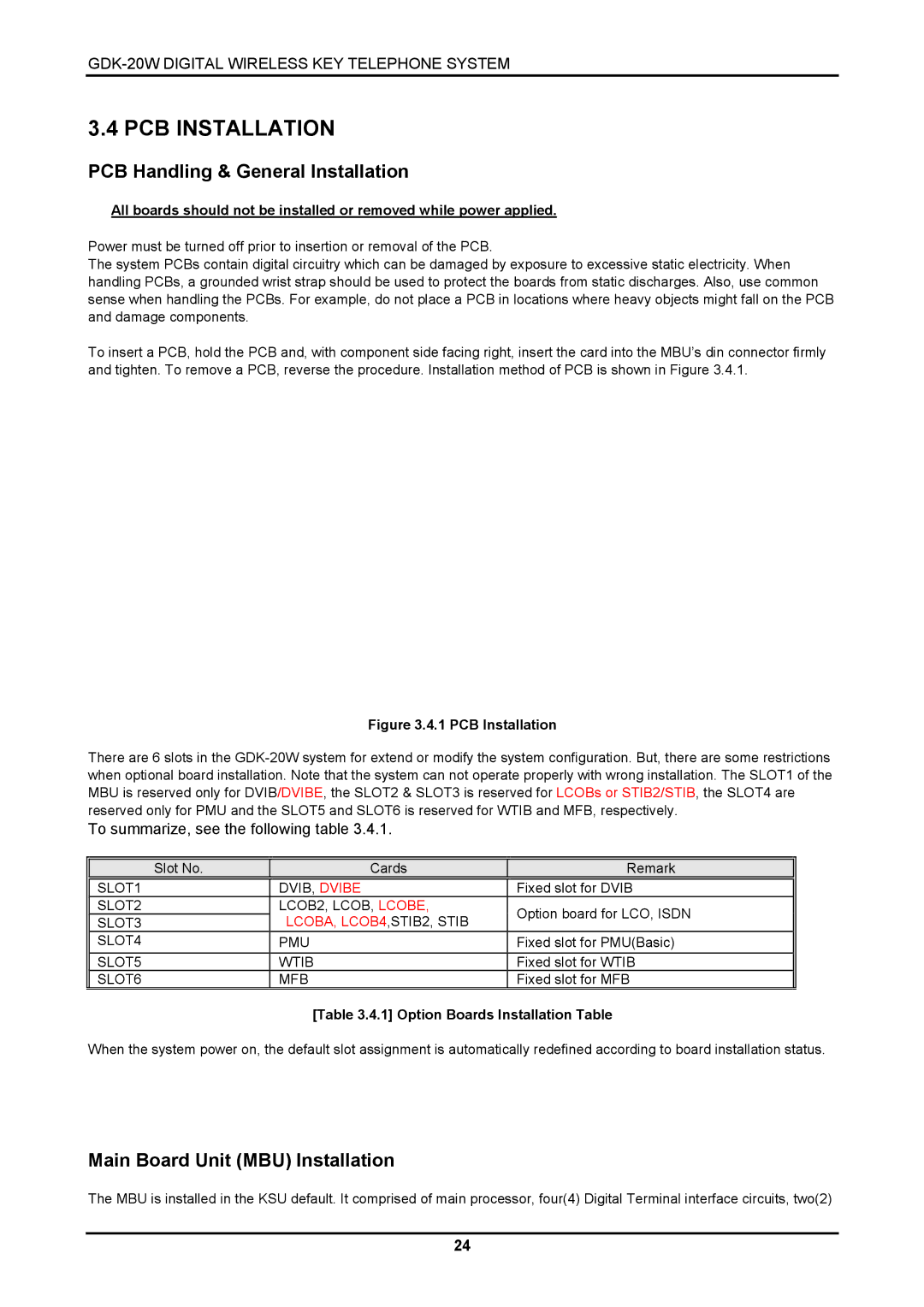 LG Electronics LKD-8DS, GDK-20W PCB Installation, PCB Handling & General Installation, Main Board Unit MBU Installation 