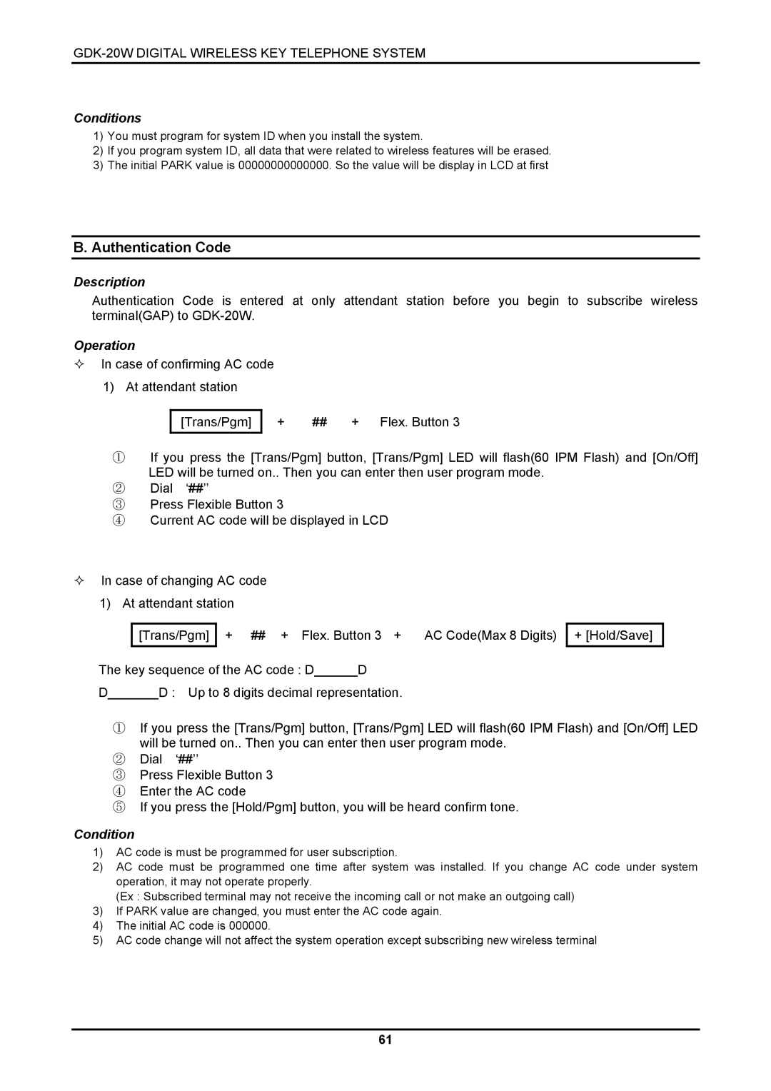 LG Electronics GDK-20W, LKD-8DS installation manual Authentication Code, Conditions 