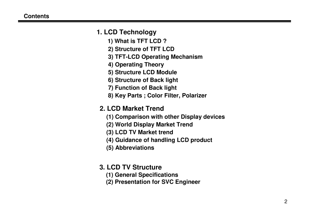 LG Electronics LE-15A10, LL-15A10, LT-15A10 manual Contents, General Specifications Presentation for SVC Engineer 