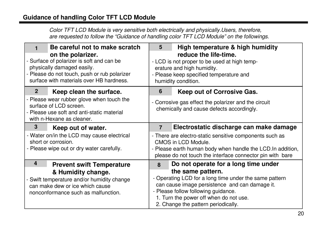 LG Electronics LE-15A10 manual Guidance of handling Color TFT LCD Module, Keep clean the surface Keep out of Corrosive Gas 