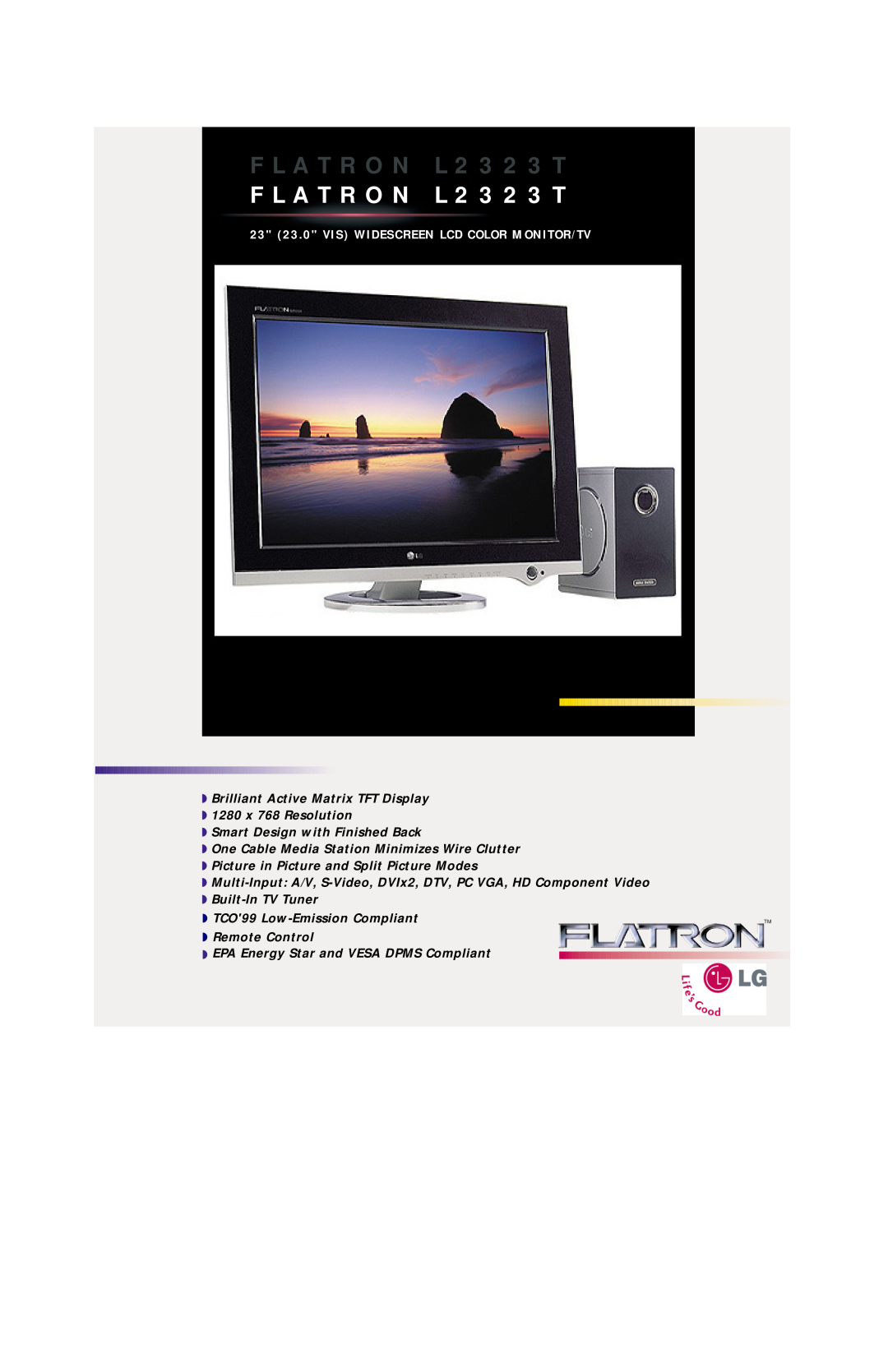 LG Electronics LL2323T manual FLATRON L2323T, 23 23.0 VIS WIDESCREEN LCD COLOR MONITOR/TV 