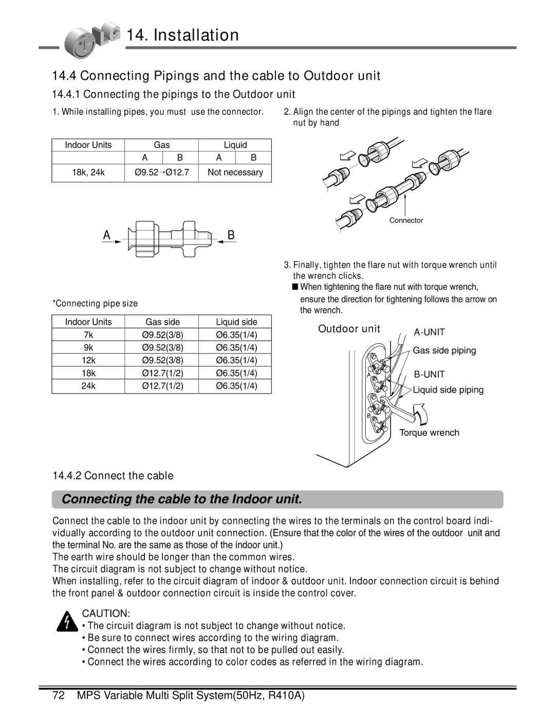 LG Electronics LM50 2004-E1 Connecting Pipings and the cable to Outdoor unit, Connecting the cable to the Indoor unit 