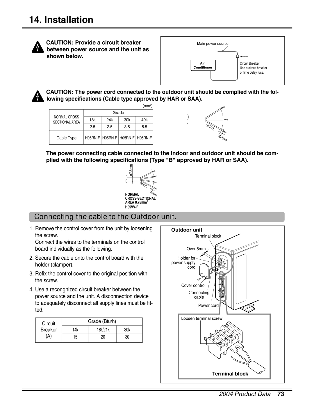 LG Electronics LM50 2004-E1 manual Connecting the cable to the Outdoor unit, Terminal block 